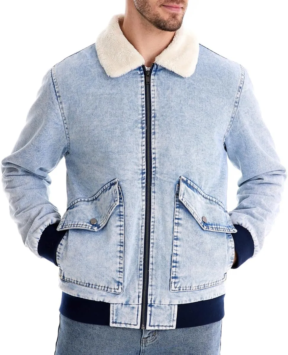 Men's Turn Down Collar Warm Fleece Thicken Denim Jacket Big Pockets Winter Jeans Coat