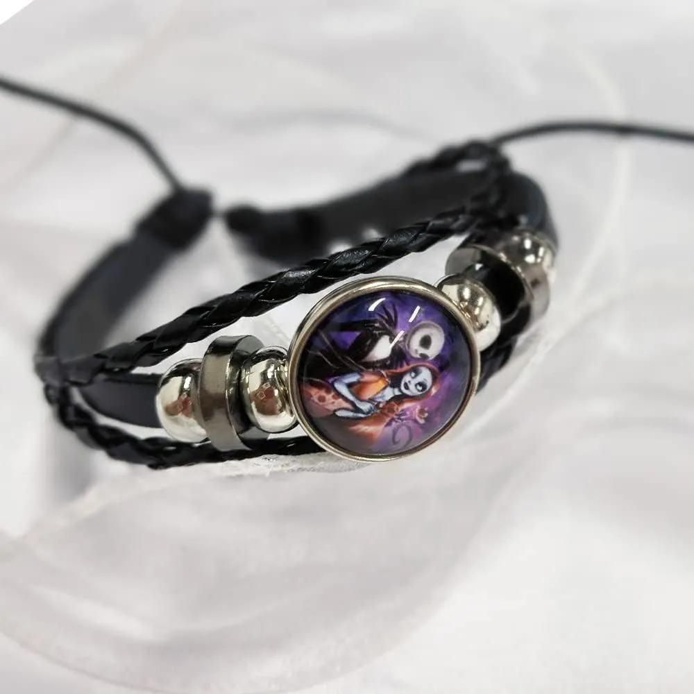 OIDIMS Jack and Sally Nightmare Beaded Adjustable Hand Woven Leather Bracelet Braided Couple Matching Bracelets Promise Engagement Anniversary Birthday Valentine's Day Gifts for Women Men Lover