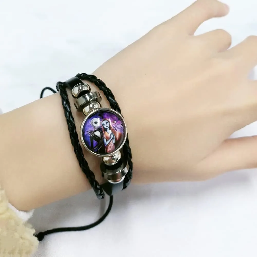OIDIMS Jack and Sally Nightmare Beaded Adjustable Hand Woven Leather Bracelet Braided Couple Matching Bracelets Promise Engagement Anniversary Birthday Valentine's Day Gifts for Women Men Lover