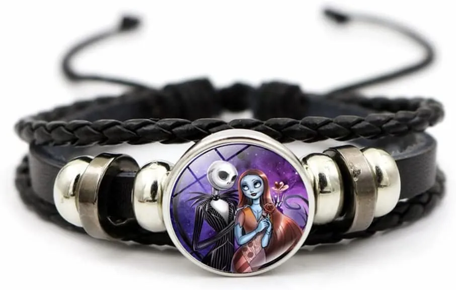 OIDIMS Jack and Sally Nightmare Beaded Adjustable Hand Woven Leather Bracelet Braided Couple Matching Bracelets Promise Engagement Anniversary Birthday Valentine's Day Gifts for Women Men Lover