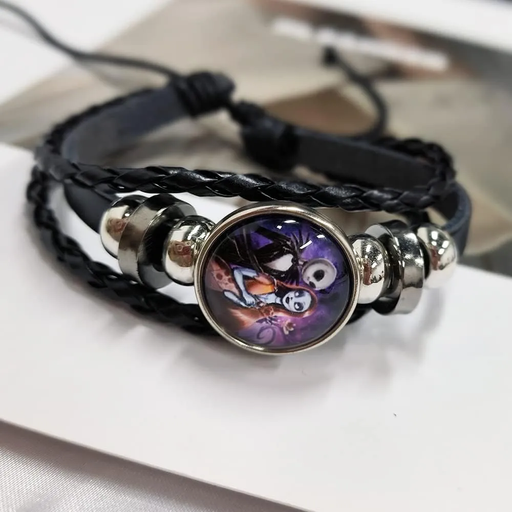 OIDIMS Jack and Sally Nightmare Beaded Adjustable Hand Woven Leather Bracelet Braided Couple Matching Bracelets Promise Engagement Anniversary Birthday Valentine's Day Gifts for Women Men Lover