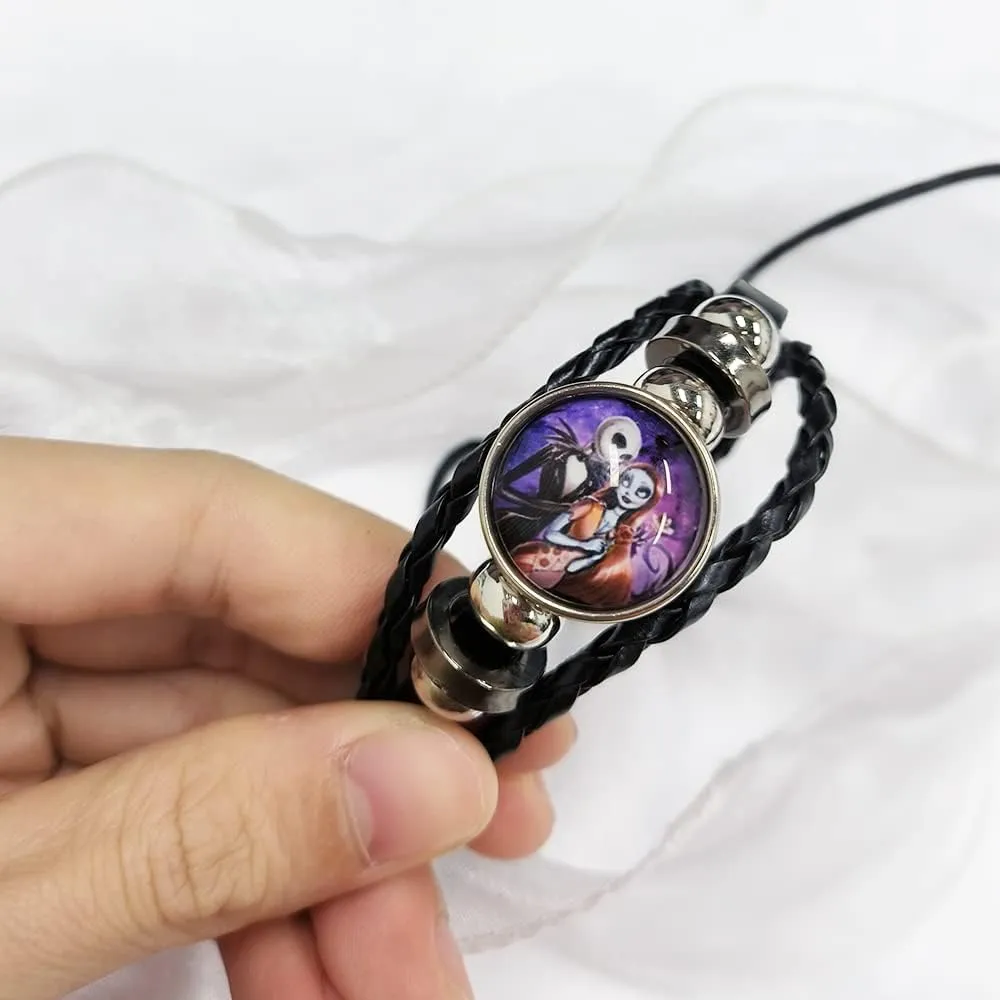 OIDIMS Jack and Sally Nightmare Beaded Adjustable Hand Woven Leather Bracelet Braided Couple Matching Bracelets Promise Engagement Anniversary Birthday Valentine's Day Gifts for Women Men Lover