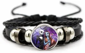 OIDIMS Jack and Sally Nightmare Beaded Adjustable Hand Woven Leather Bracelet Braided Couple Matching Bracelets Promise Engagement Anniversary Birthday Valentine's Day Gifts for Women Men Lover