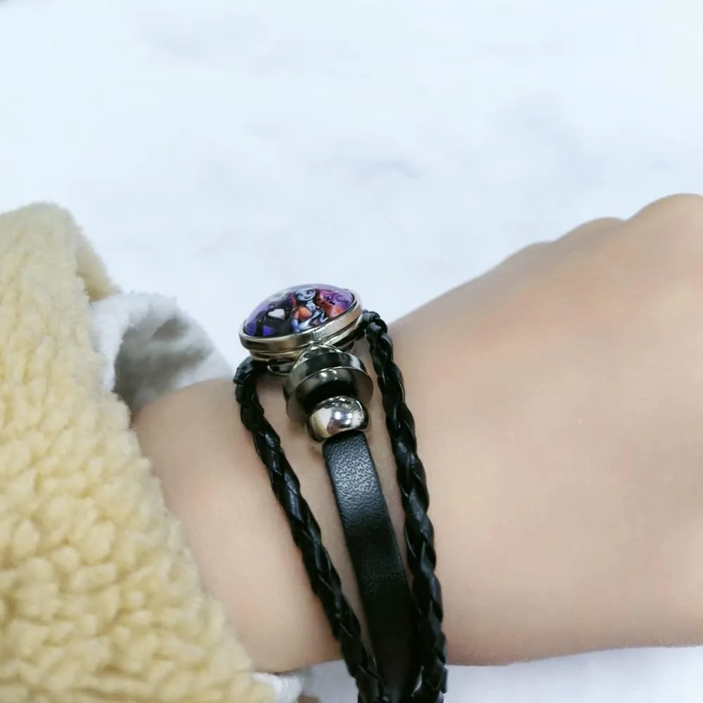 OIDIMS Jack and Sally Nightmare Beaded Adjustable Hand Woven Leather Bracelet Braided Couple Matching Bracelets Promise Engagement Anniversary Birthday Valentine's Day Gifts for Women Men Lover