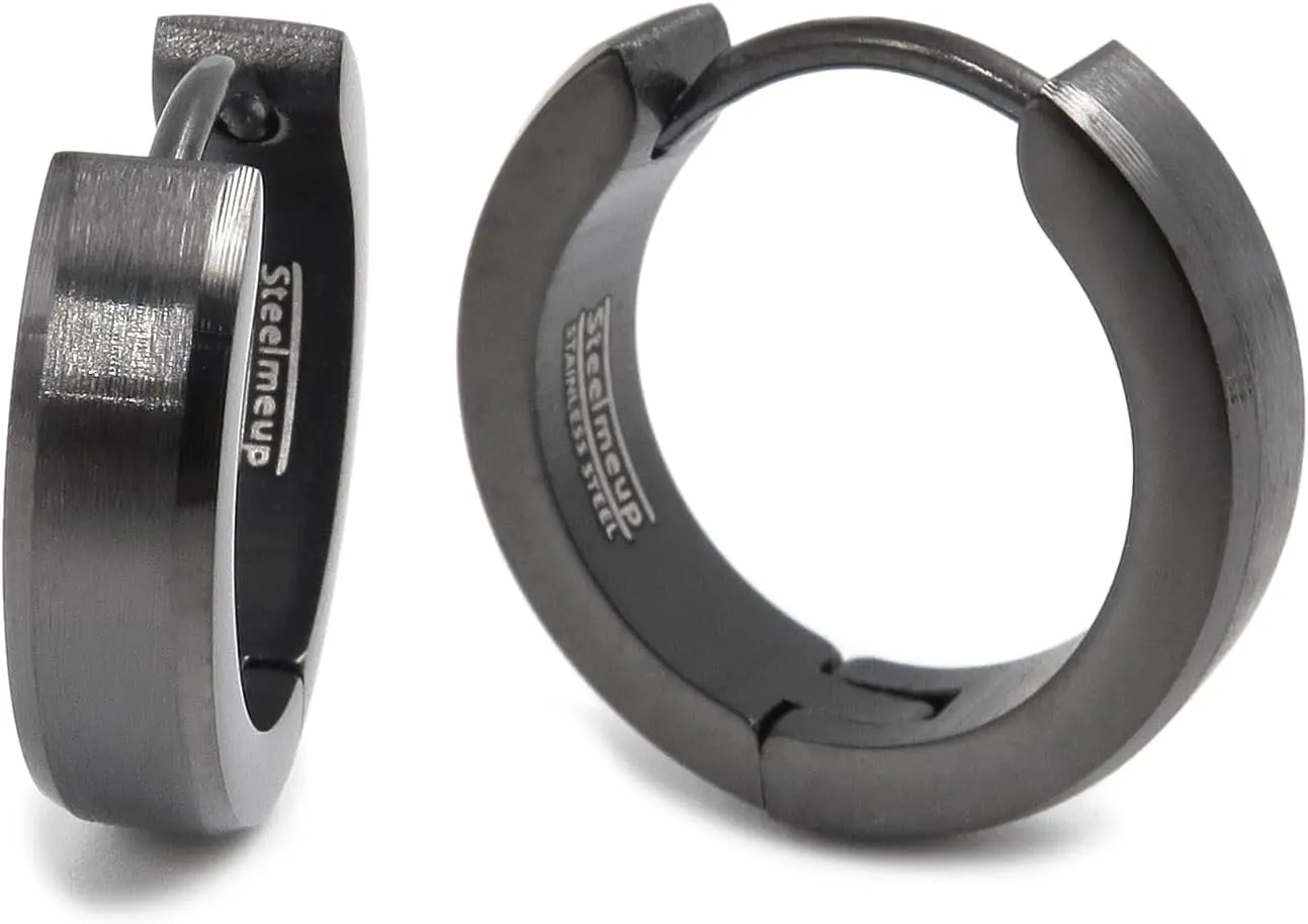 Pair Stainless Steel Bevel Edge Hoop Huggie Men Earrings Black Gold Silver 16mm