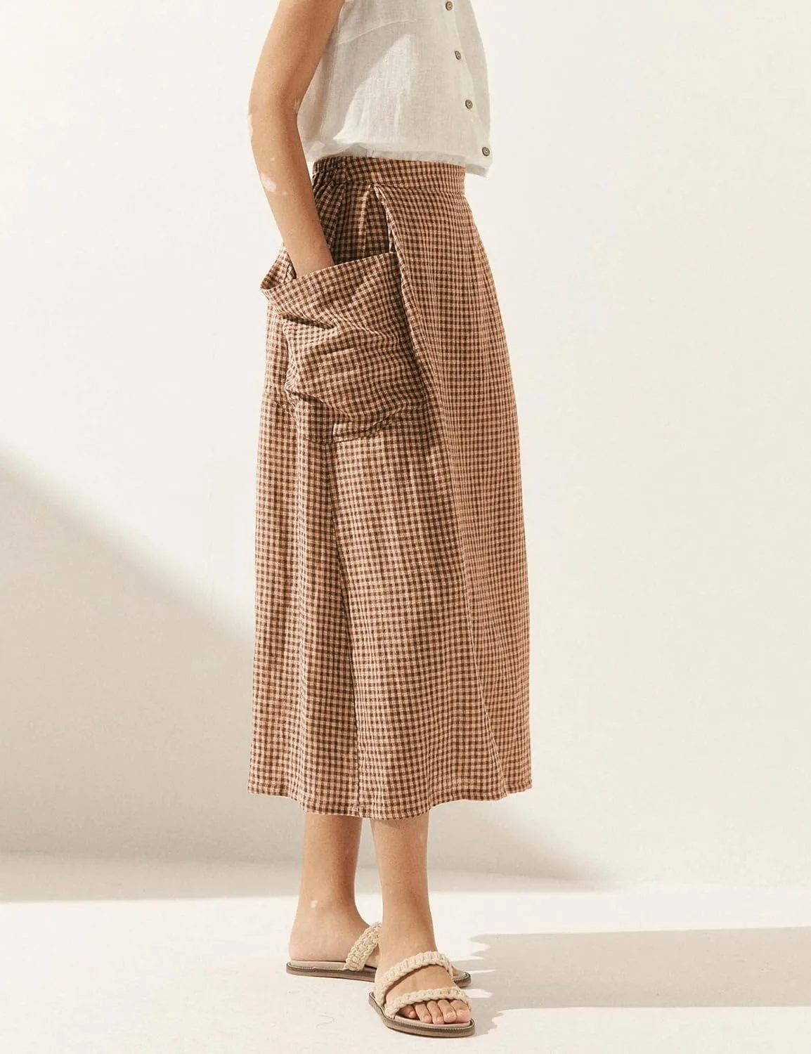 QIBABU Womens Plaid Midi Skirt Flowy Elastic High Waist Long Skirts with Pockets