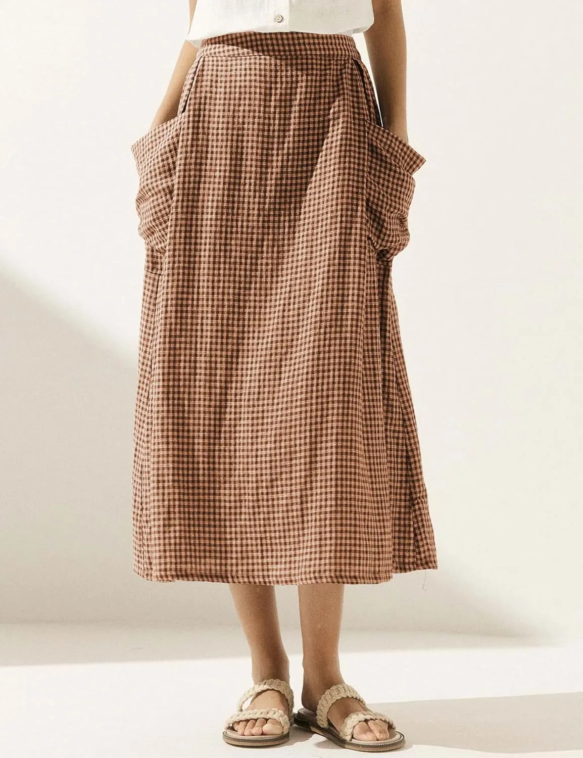 QIBABU Womens Plaid Midi Skirt Flowy Elastic High Waist Long Skirts with Pockets