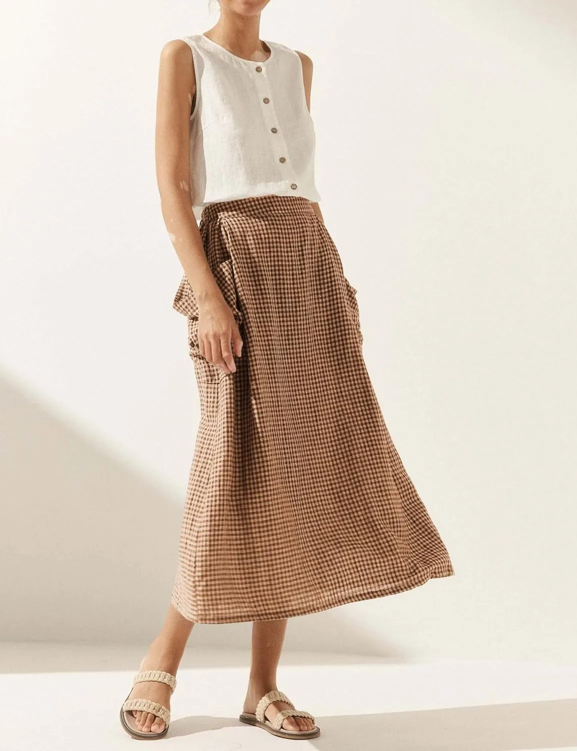 QIBABU Womens Plaid Midi Skirt Flowy Elastic High Waist Long Skirts with Pockets