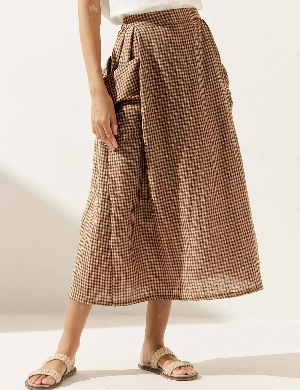 QIBABU Womens Plaid Midi Skirt Flowy Elastic High Waist Long Skirts with Pockets