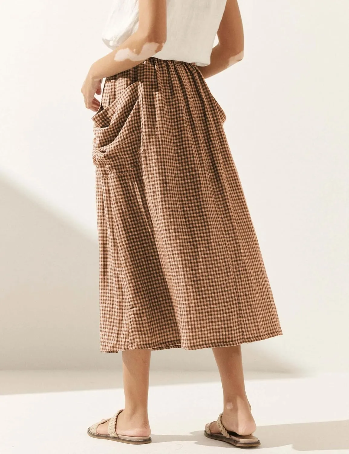 QIBABU Womens Plaid Midi Skirt Flowy Elastic High Waist Long Skirts with Pockets