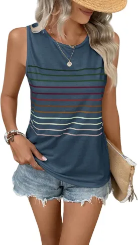 Striped Tank Top Women Summer True Classic T Shirt Crew Neck Casual Loose Tops 2025 Trendy Blouse,Blue,XL