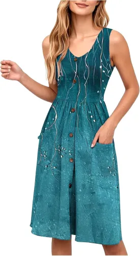 Summer Dress for Women Sleeveless Floral Beach Sundress Casual High Waist A-Line Midi Tank Dresses with Pockets
