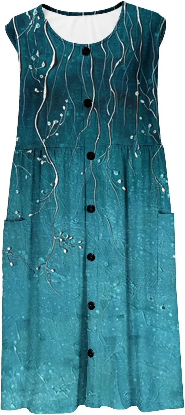 Summer Dress for Women Sleeveless Floral Beach Sundress Casual High Waist A-Line Midi Tank Dresses with Pockets