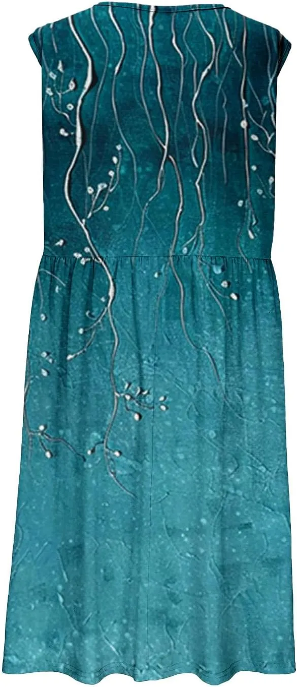 Summer Dress for Women Sleeveless Floral Beach Sundress Casual High Waist A-Line Midi Tank Dresses with Pockets