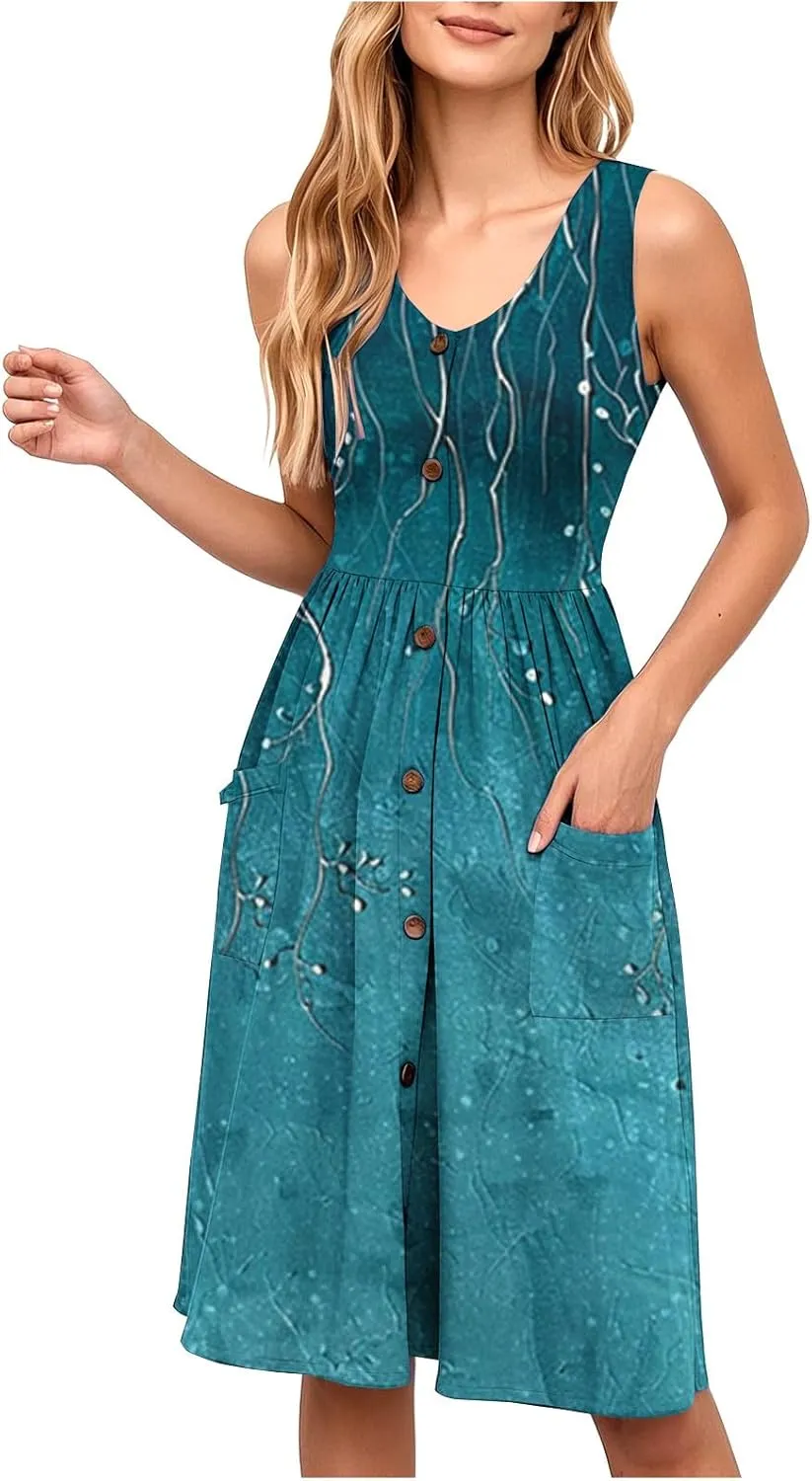 Summer Dress for Women Sleeveless Floral Beach Sundress Casual High Waist A-Line Midi Tank Dresses with Pockets