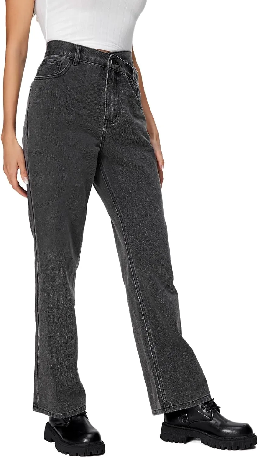 SweatyRocks Women's High Waisted Straight Leg Long Jeans Asymmetrical Waist Denim Pants Solid Pale Blue