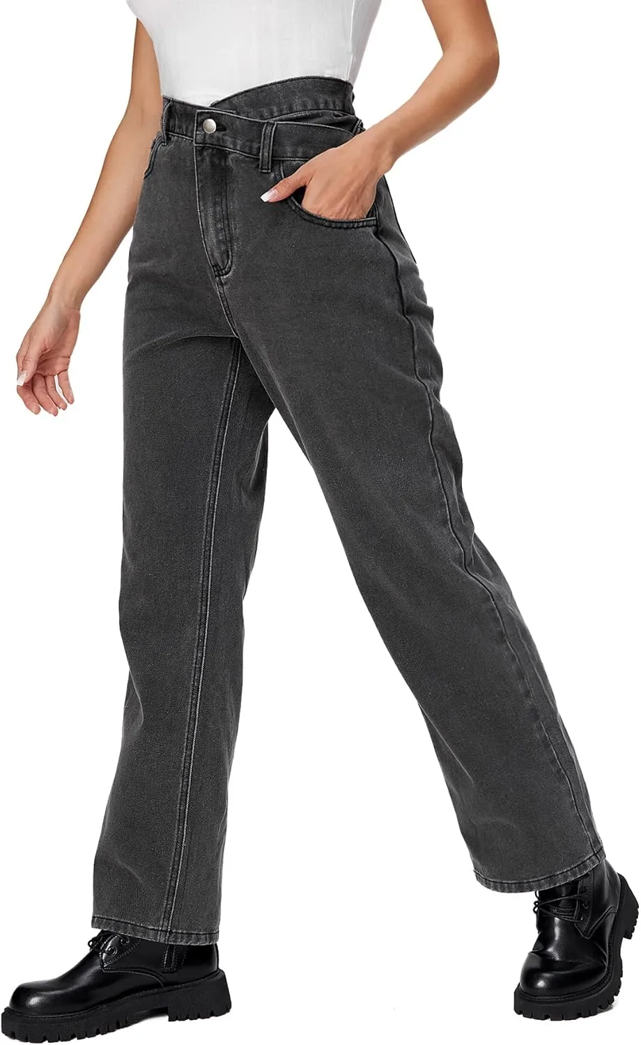 SweatyRocks Women's High Waisted Straight Leg Long Jeans Asymmetrical Waist Denim Pants Solid Pale Blue