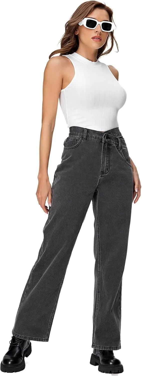 SweatyRocks Women's High Waisted Straight Leg Long Jeans Asymmetrical Waist Denim Pants Solid Pale Blue