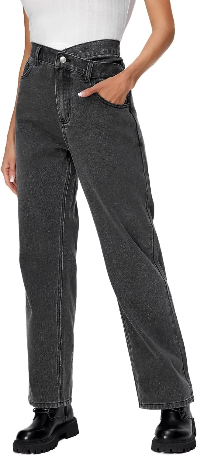 SweatyRocks Women's High Waisted Straight Leg Long Jeans Asymmetrical Waist Denim Pants Solid Pale Blue
