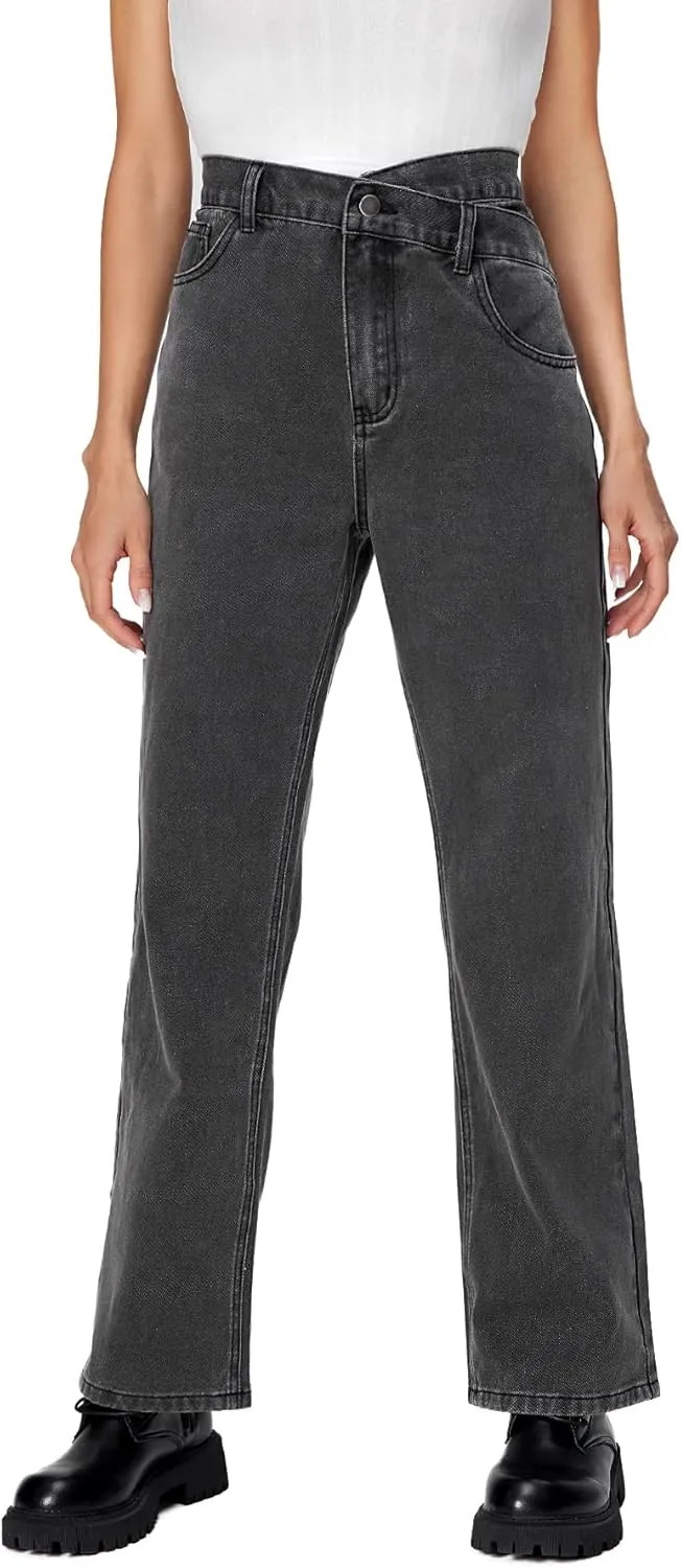 SweatyRocks Women's High Waisted Straight Leg Long Jeans Asymmetrical Waist Denim Pants Solid Pale Blue