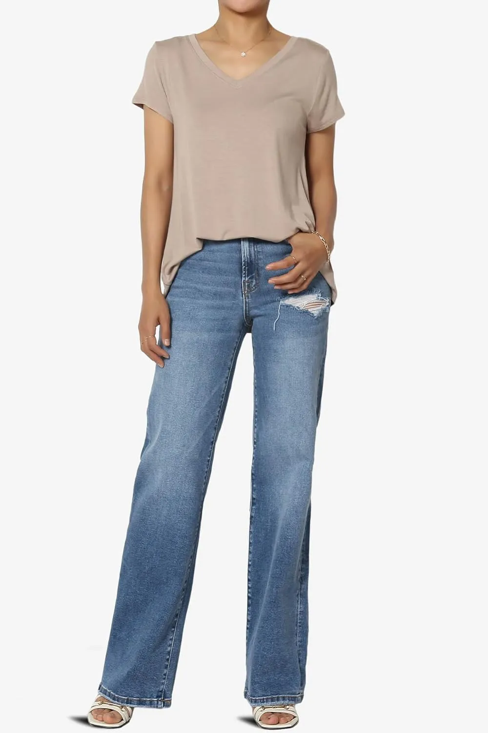 TheMogan Women's Casual V-Neck Short Sleeve T-Shirt Soft Drapey Jersey Relaxed Top Perfect Tee