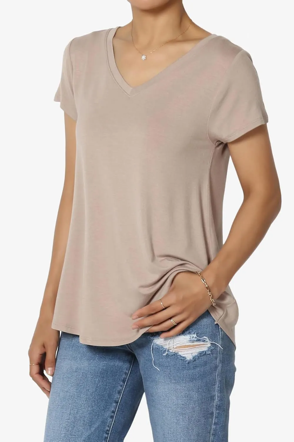TheMogan Women's Casual V-Neck Short Sleeve T-Shirt Soft Drapey Jersey Relaxed Top Perfect Tee