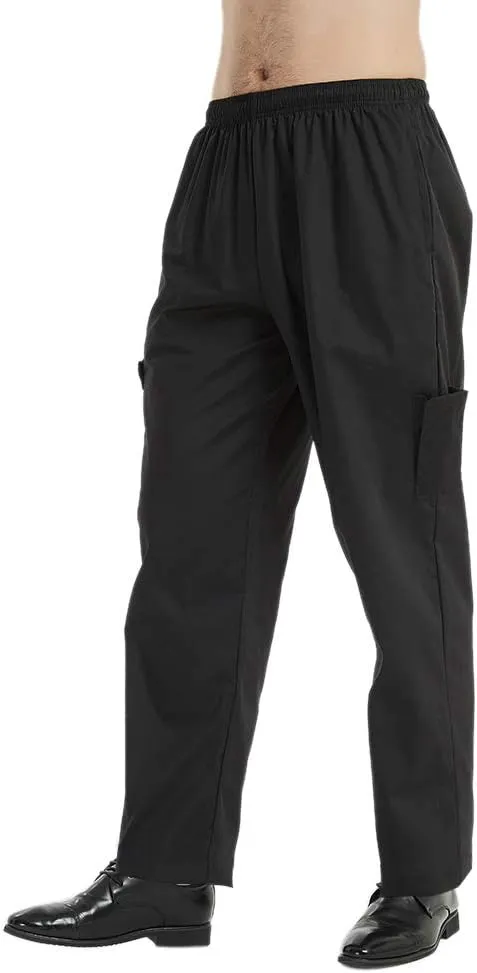 TopTie Men's Black Baggy Chef Pant with Elastic Waist