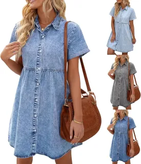 Wankang Denim Dress for Women Babydoll Tiered Short Sleeve Button Down Jean Shirt Dresses Casual Flowy Swing Short Dress