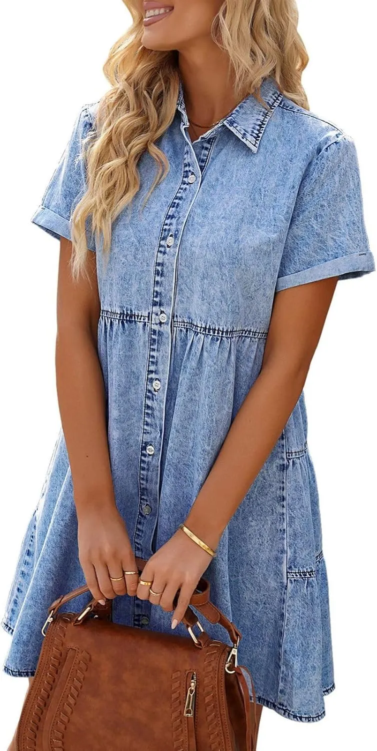 Wankang Denim Dress for Women Babydoll Tiered Short Sleeve Button Down Jean Shirt Dresses Casual Flowy Swing Short Dress