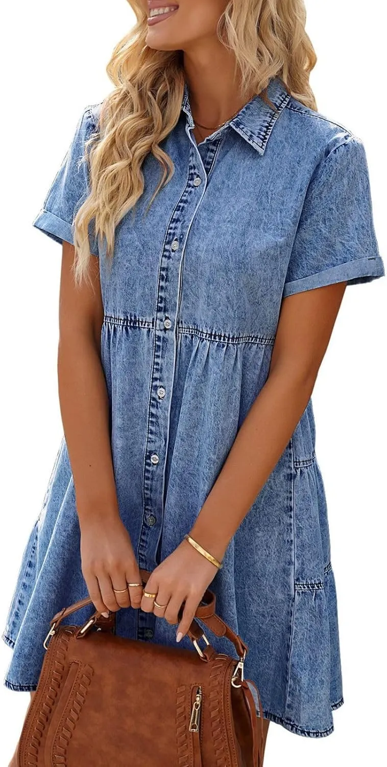 Wankang Denim Dress for Women Babydoll Tiered Short Sleeve Button Down Jean Shirt Dresses Casual Flowy Swing Short Dress
