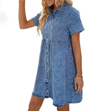 Wankang Denim Dress for Women Babydoll Tiered Short Sleeve Button Down Jean Shirt Dresses Casual Flowy Swing Short Dress