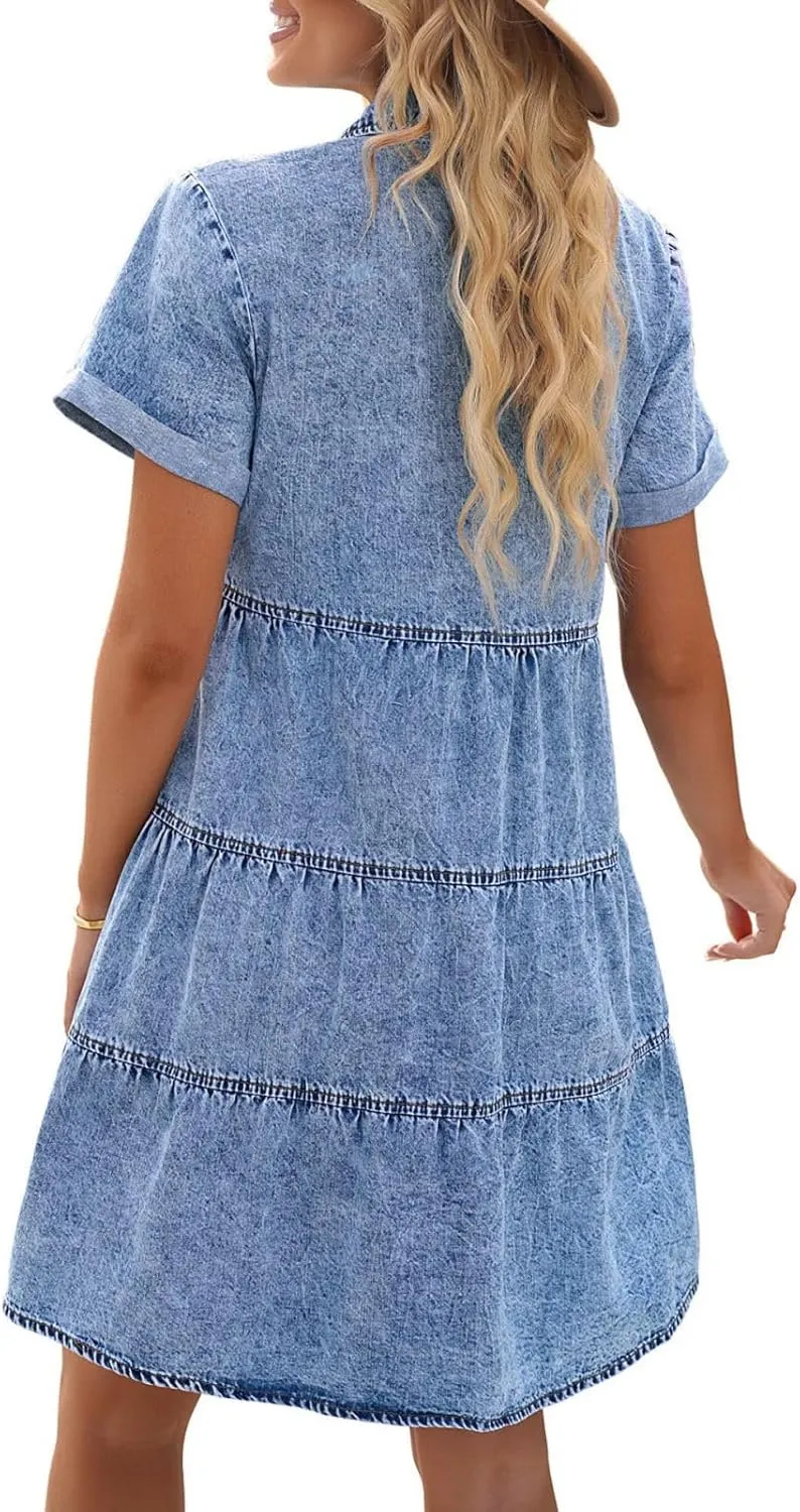 Wankang Denim Dress for Women Babydoll Tiered Short Sleeve Button Down Jean Shirt Dresses Casual Flowy Swing Short Dress