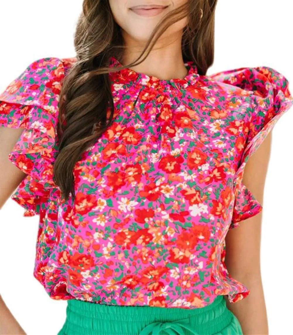 Women Boho Floral Short Sleeve Shirts Ruffle Fly Sleeve Babydoll Peplum Blouse Summer Going Out Tops