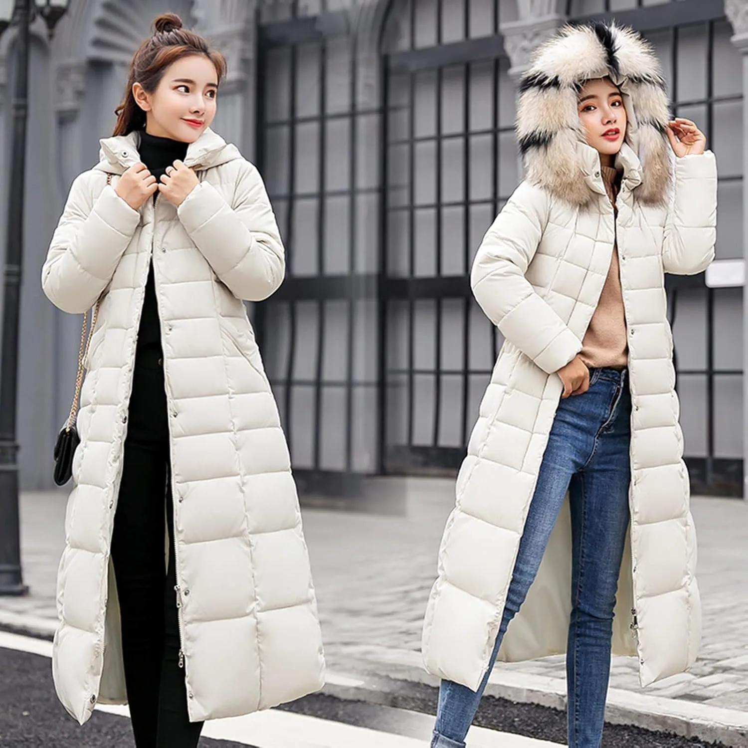 Women Midweight Winter Down Jacket Windproof Packable Faux Fur Collar Hood Thermal Padded Puffer Insulated Coats Outerwear