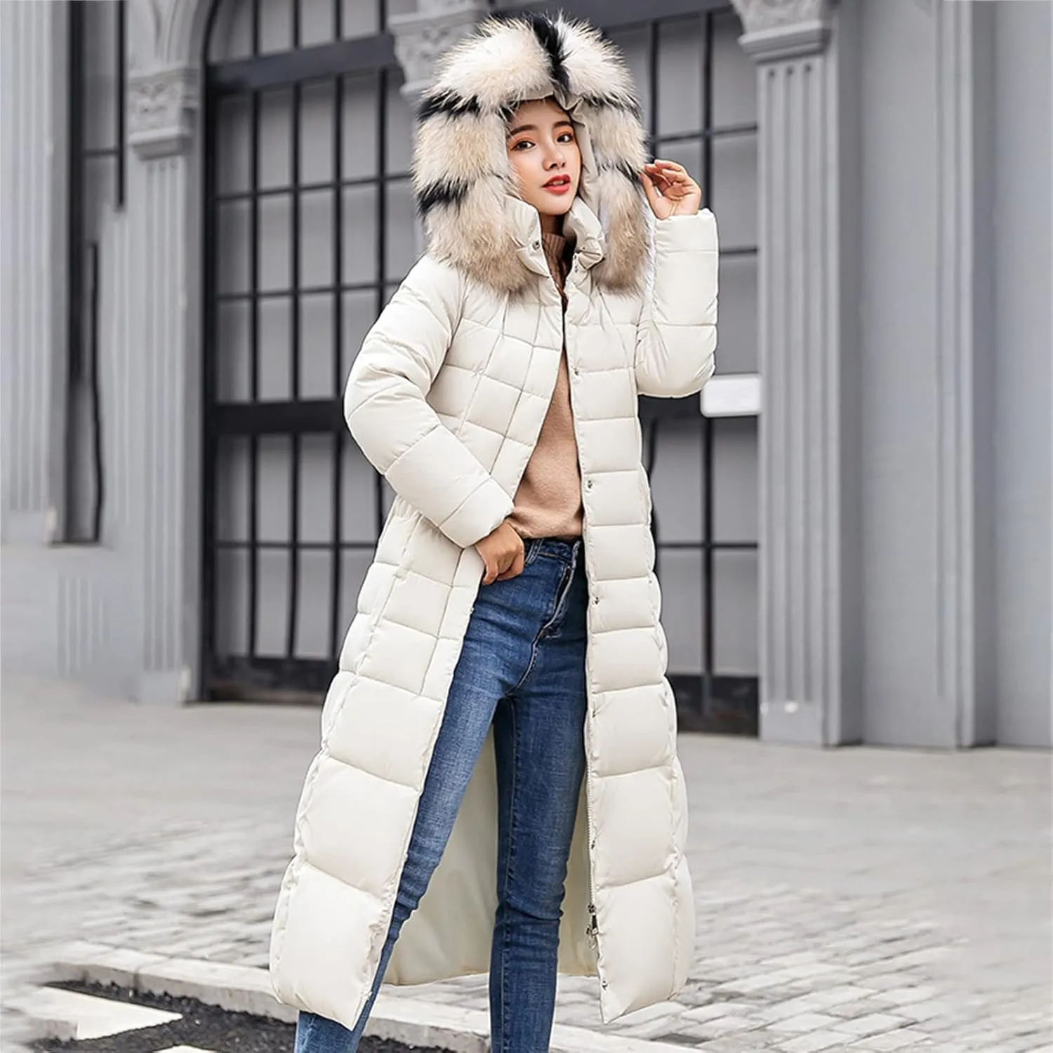 Women Midweight Winter Down Jacket Windproof Packable Faux Fur Collar Hood Thermal Padded Puffer Insulated Coats Outerwear