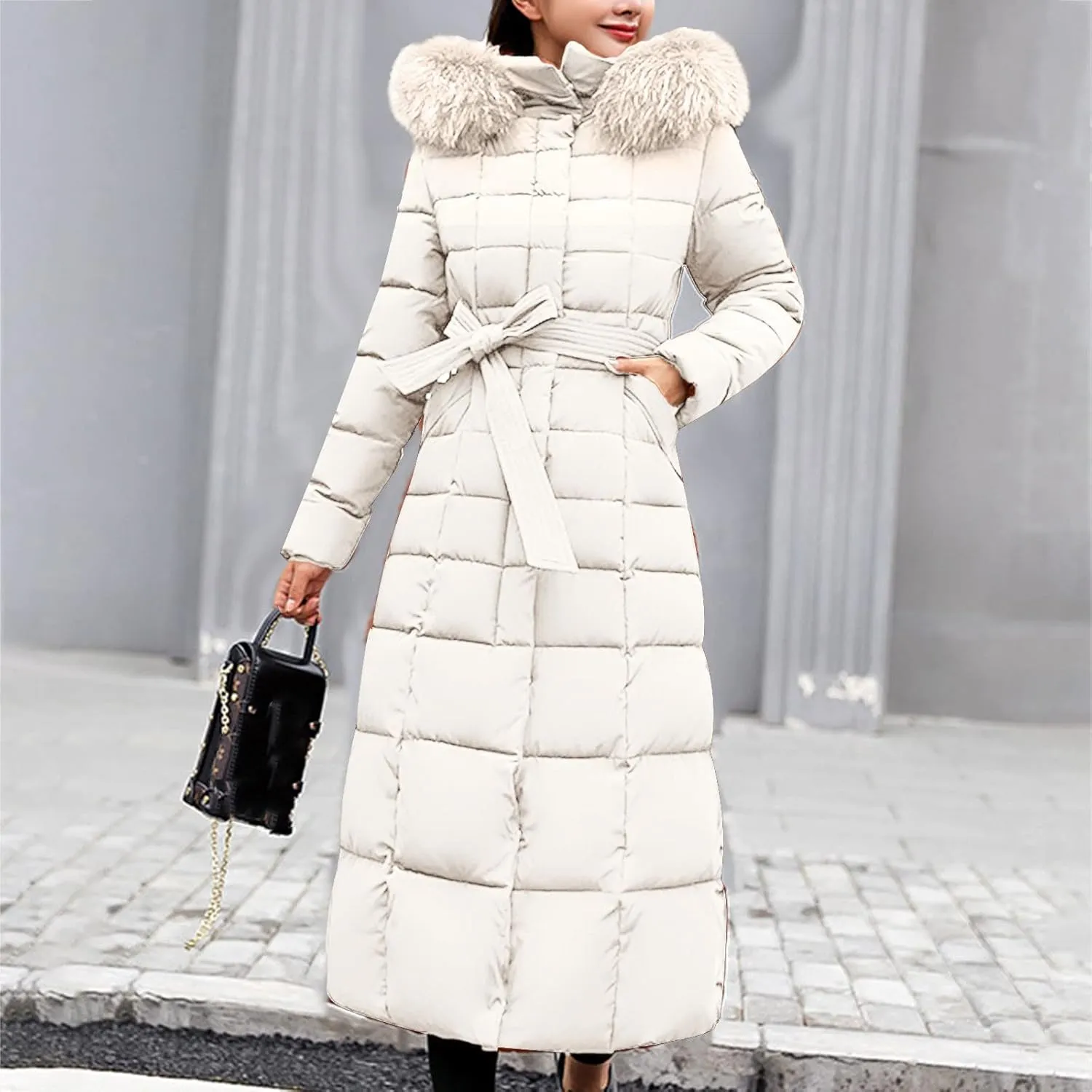 Women Midweight Winter Down Jacket Windproof Packable Faux Fur Collar Hood Thermal Padded Puffer Insulated Coats Outerwear