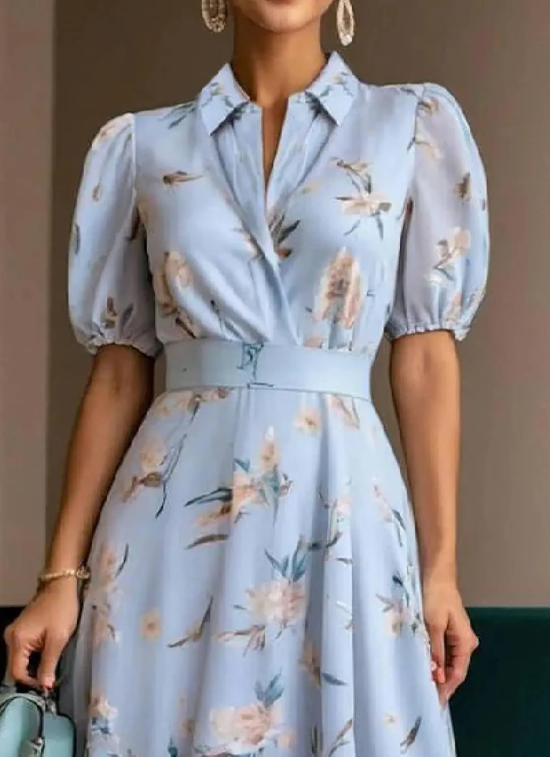 Women's 2025 Summer Elegant Blue Floral Print Short Puff Sleeve Shirt Collar Belt Flowy Casual Party Maxi Dress