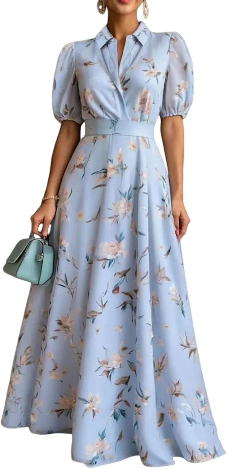 Women's 2025 Summer Elegant Blue Floral Print Short Puff Sleeve Shirt Collar Belt Flowy Casual Party Maxi Dress