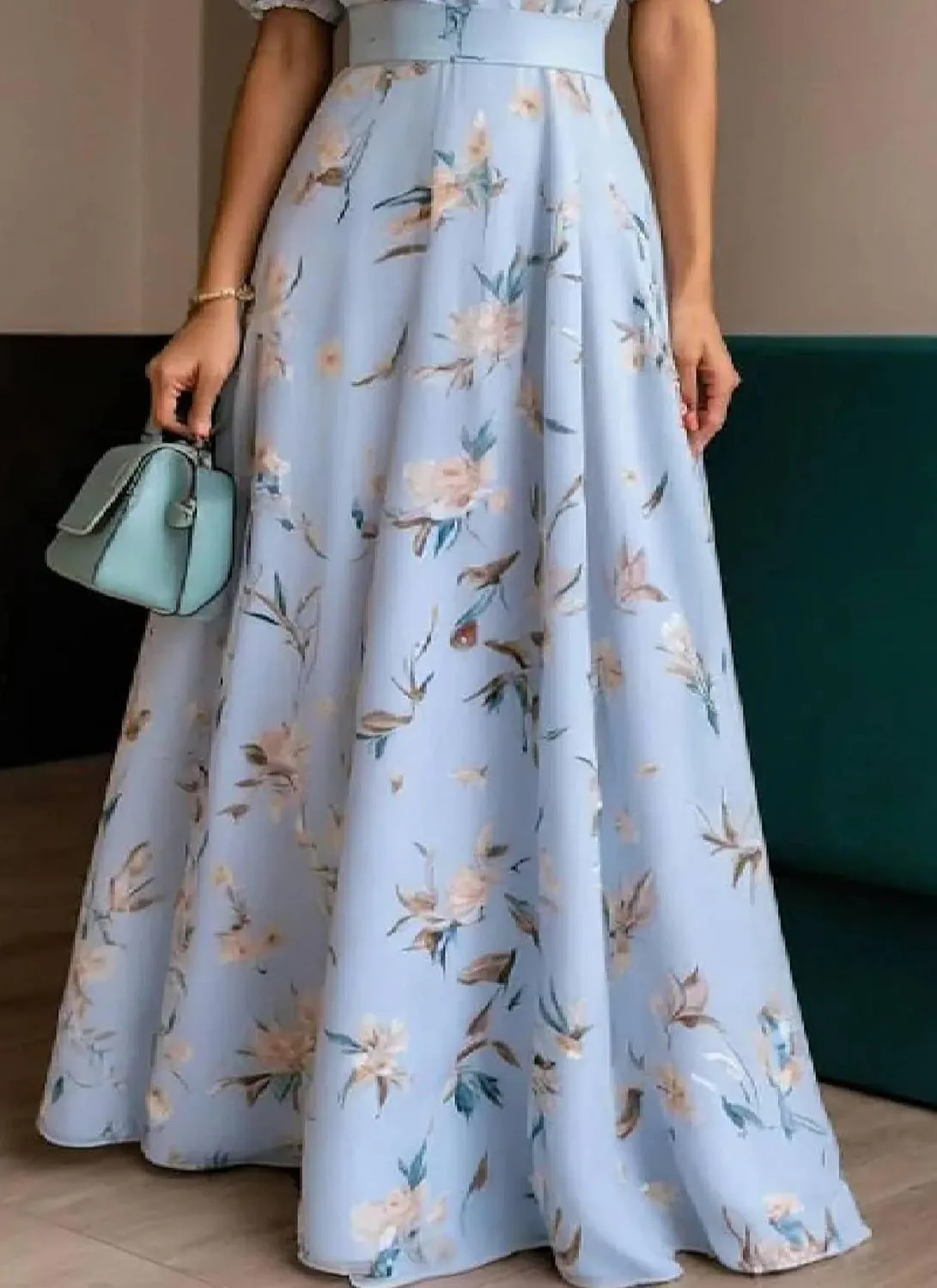 Women's 2025 Summer Elegant Blue Floral Print Short Puff Sleeve Shirt Collar Belt Flowy Casual Party Maxi Dress