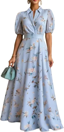 Women's 2025 Summer Elegant Blue Floral Print Short Puff Sleeve Shirt Collar Belt Flowy Casual Party Maxi Dress