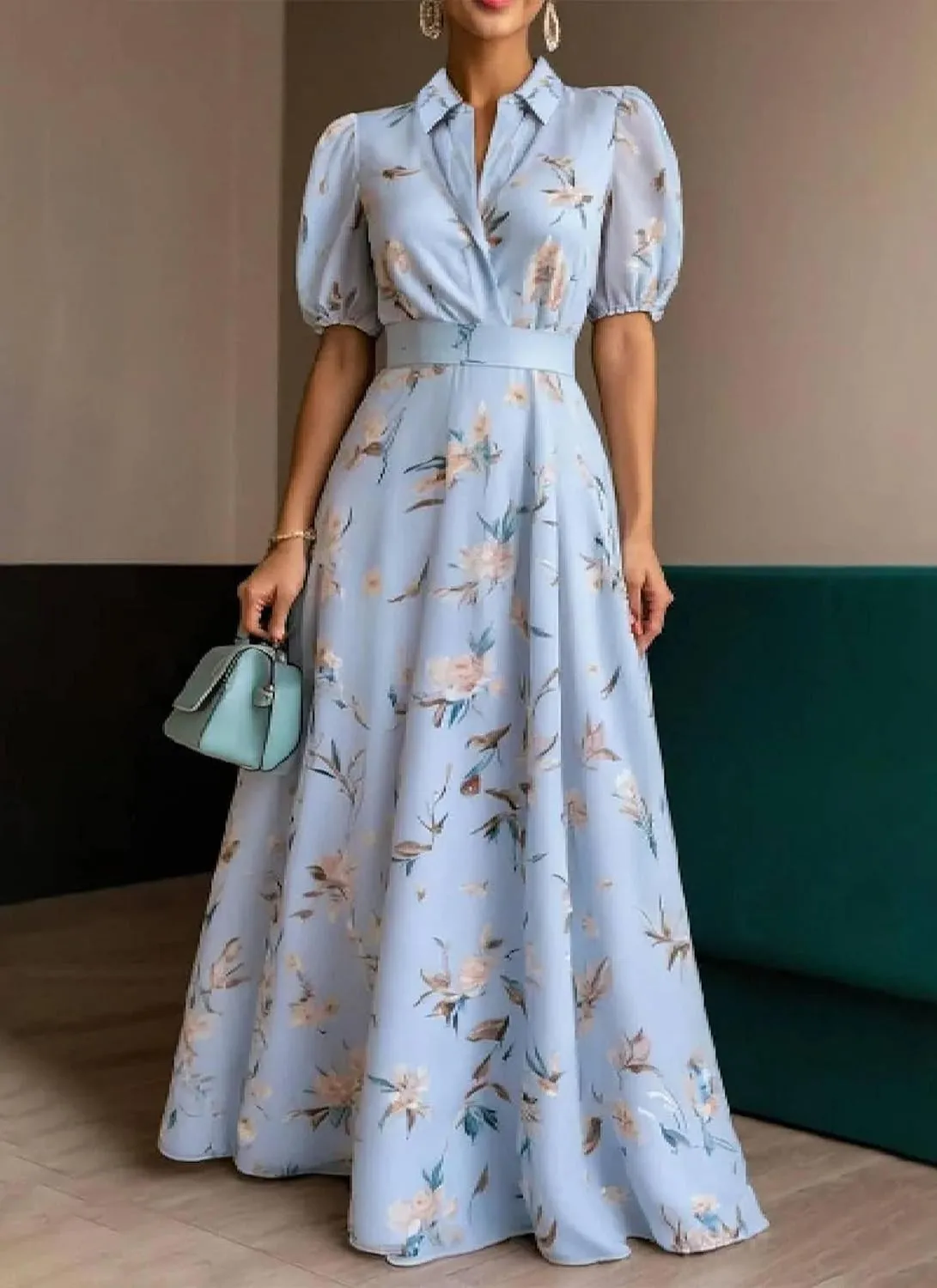 Women's 2025 Summer Elegant Blue Floral Print Short Puff Sleeve Shirt Collar Belt Flowy Casual Party Maxi Dress