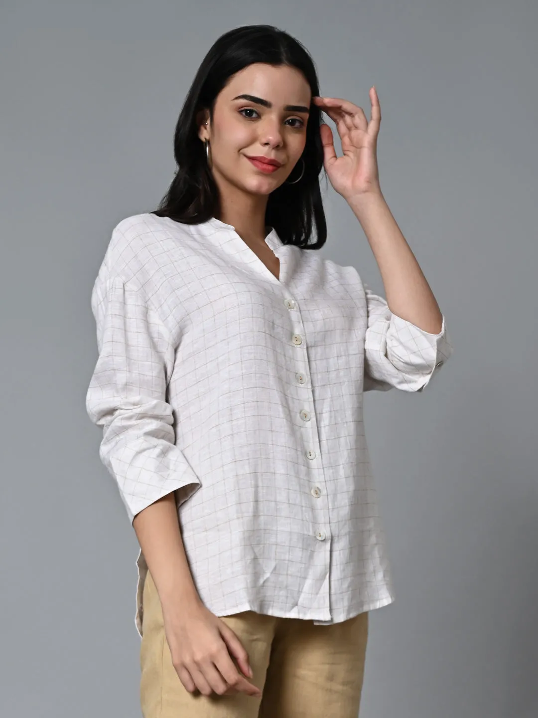 Women's Beige Linen Excel Boxy Fit Blouse