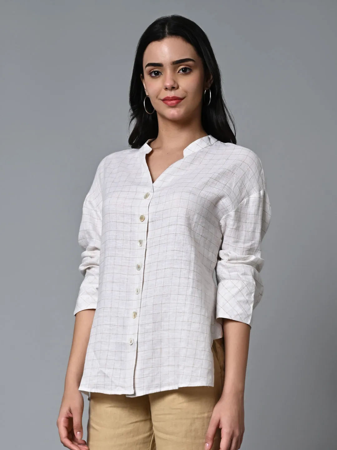 Women's Beige Linen Excel Boxy Fit Blouse