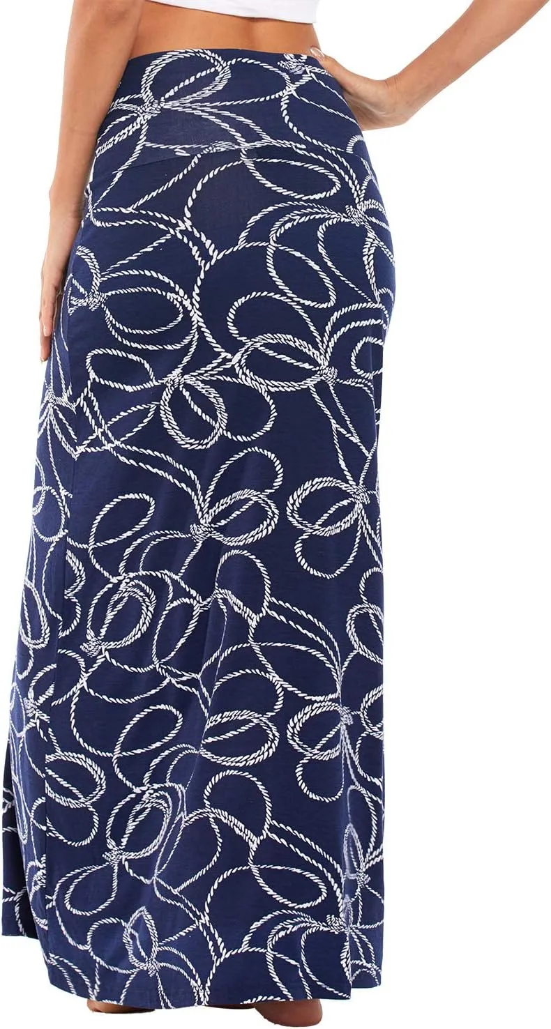 Women's Boho Flod Over Long Maxi Skirt Elastic High Waisted Long Skirts for Women