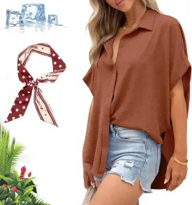 Women's Casual Button Short Sleeve Slit Hem Shirt Solid Color Tops, Ruffled Loose Short-Sleeved T-Shirt Top