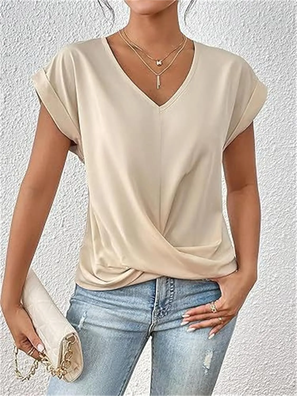 Women's Casual Top Short Sleeve Twist Knot Shirts Slim Fit V Neck T Shirt Tops