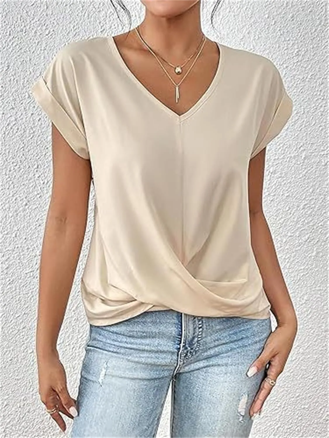 Women's Casual Top Short Sleeve Twist Knot Shirts Slim Fit V Neck T Shirt Tops