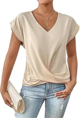 Women's Casual Top Short Sleeve Twist Knot Shirts Slim Fit V Neck T Shirt Tops