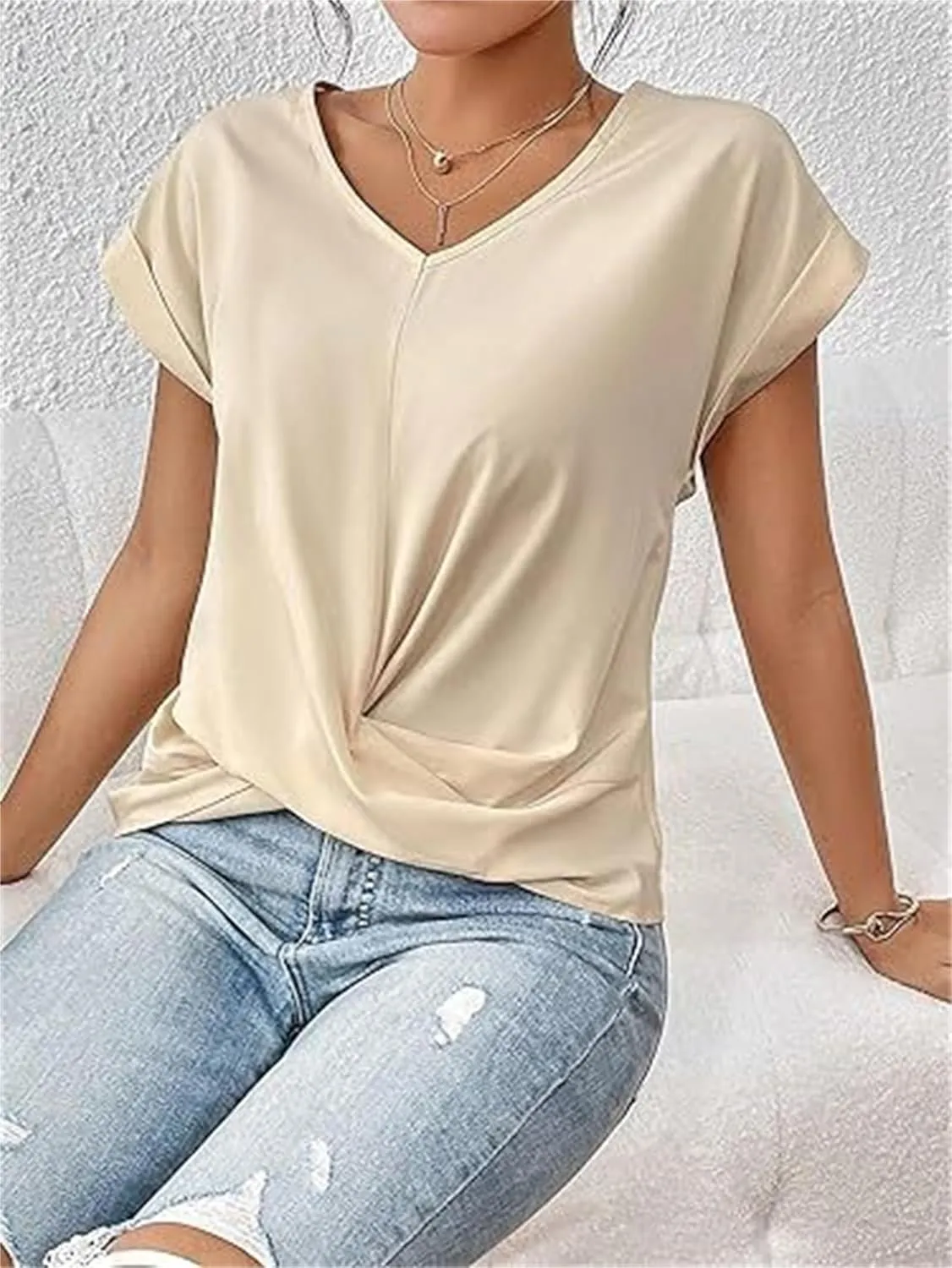Women's Casual Top Short Sleeve Twist Knot Shirts Slim Fit V Neck T Shirt Tops