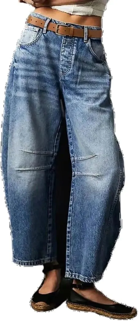 Women's Distressed High-Waisted Straight Leg Jeans, Blue Denim Pants(Belt not Included)